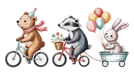 Cute Watercolor Animals Riding Bicycles, Bear Wearing Party Hat Pulling Bunny With Balloons