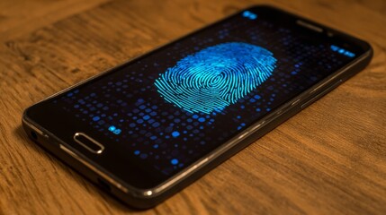 Close up macro view of a detailed human fingerprint left on the glossy screen of a modern mobile communication device illustrating concepts of personal identity biometric security and digital privacy.