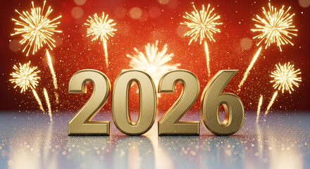Golden digits of 2026 are prominently displayed against a vibrant backdrop of colorful fireworks and sparkling lights, creating a festive atmosphere that embodies New Year celebrations and joy	