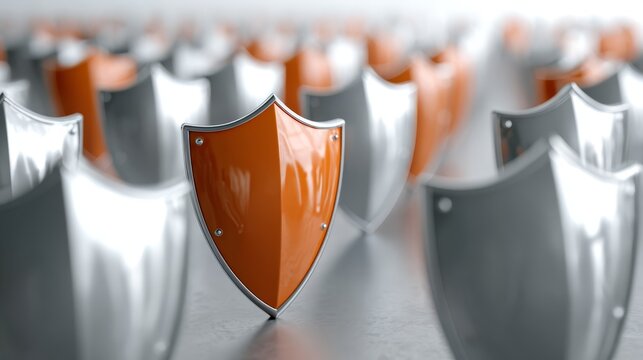 A vibrant collection of bright orange protective shields arranged in a uniform defensive formation symbolizing security safety strength and historical armor.