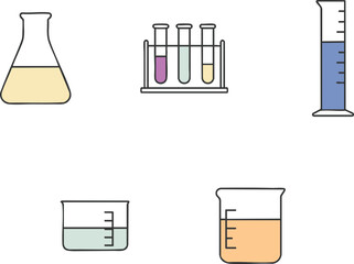 Chemistry glassware set flask test tubes cylinder and beaker