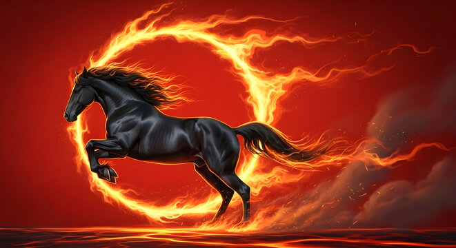 Powerful black horse is rearing up inside a vibrant circle of flames, set against backdrop of dark clouds and glowing embers, representing strength and renewal for the year 2026	