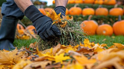 Person's gloved hands gathering vibrant autumn leaves from grass, with a blurred background of orange pumpkins on display.