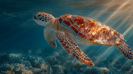Beautiful sunlight reflect to the turtle underwater.