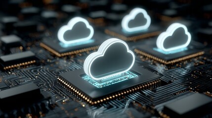 A conceptual representation of advanced cloud computing technology and digital data storage showing a fluffy white cloud resting upon a detailed computer motherboard with intricate circuits.