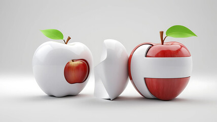 High Definition Red and White Apples with Green Leaves on White Background