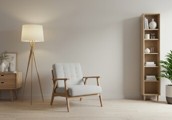 Modern living room with armchair, floor lamp, and bookshelf