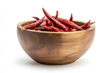 Dried chili peppers in a wooden bowl