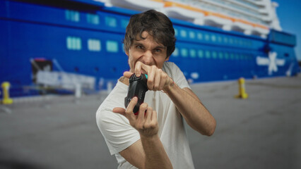 Man in white shirt grips game controller with grimace at building entrance by cruise ship; frustration.