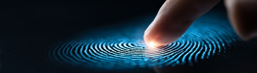 A detailed macro view of a human finger pressing against a surface leaving a unique biometric fingerprint pattern for identification and security access verification purposes.