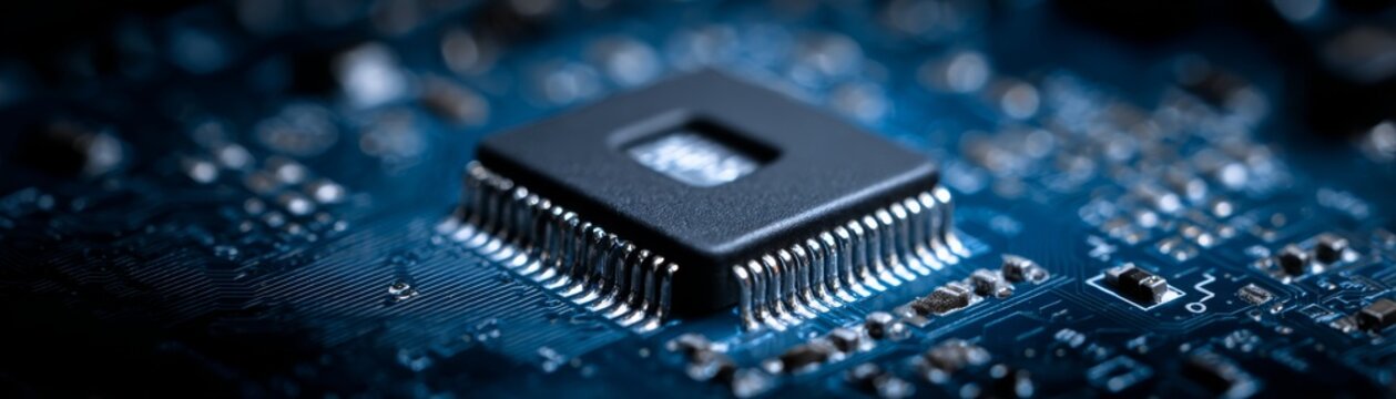 A detailed close up macro photograph revealing the intricate architecture and complex circuitry of a semiconductor computer chip showcasing the future of processing technology and innovation.