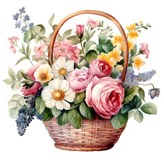 Basket with flowers. Watercolor Floral Illustration