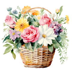 Basket with flowers. Watercolor Floral Illustration
