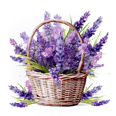Basket with lavender flowers  on white background. Watercolor illustration.