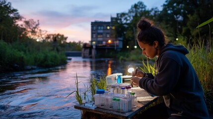 Young female scientist conducting water analysis by a river at sunset.