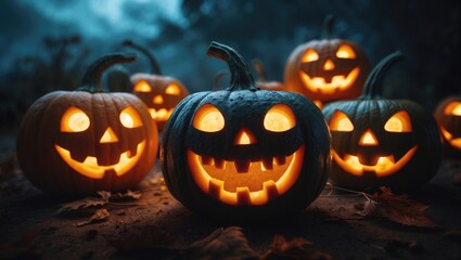 Fototapeta premium Bright pumpkins with carved faces illuminated from within, set against a dark, spooky night background. Halloween and festive decoration concept. The theme of pumpkins and Halloween celebration.