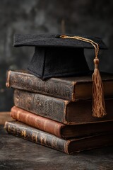Graduation Cap on Stack of Old Books with Gold Tassel, Dark Background