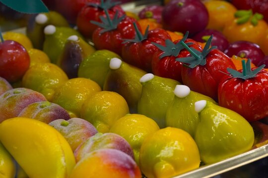 Fruits made of marzipan. Frutta di Martorana are incredibly realistic figures made of marzipan, painted to look like fruits and vegetables. Traditional Sicilian sweets.