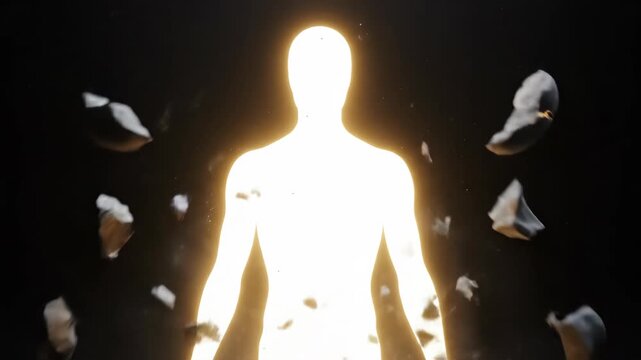 Glowing Human Silhouette - Personal Growth - A radiant, featureless human silhouette glows brightly against a dark background, symbolizing personal growth, transformation, or spiritual awakening.