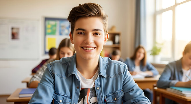 Smiling cool teen student looking at the camera in the classroom
