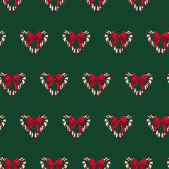 Christmas candy cane with red bow and candy canes laid out in the shape of a heart perfect for holiday cards, festive wrapping paper, seasonal advertisements, party invitations, and packaging designs.