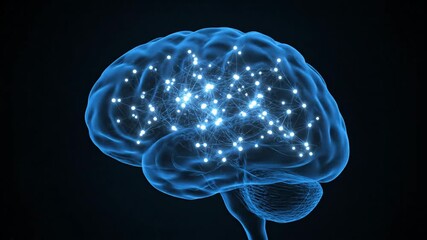 Glowing Brain Network - A digital video of a human brain with glowing nodes and interconnected lines, representing neural pathways and cognitive processes. - Powered by Adobe