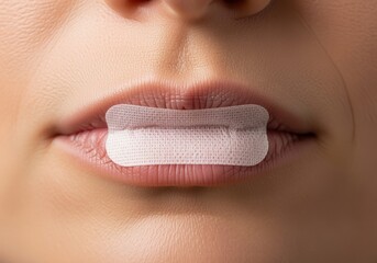 Macro shot of person's lips with rectangular sleep tape for mouth breathing prevention
