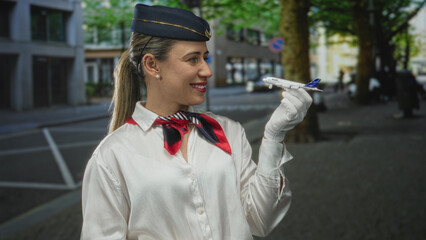 Blonde woman smiling holding airplane in white gloves on a busy street; dream journey inspiration...