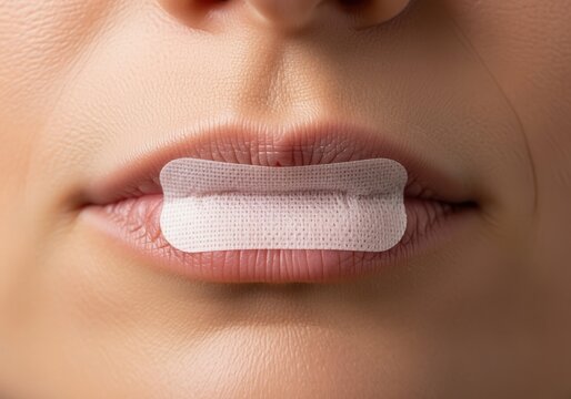 Macro shot of person's lips with rectangular sleep tape for mouth breathing prevention