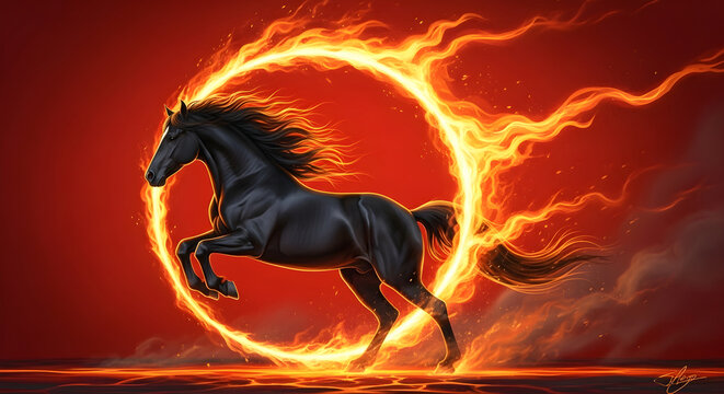 Powerful black horse is rearing up inside a vibrant circle of flames, set against backdrop of dark clouds and glowing embers, representing strength and renewal for the year 2026	