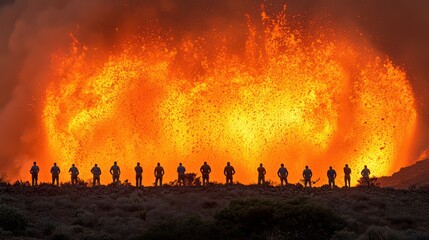 Silhouetted figures observe a massive volcanic eruption, fiery lava explodes into the night sky.