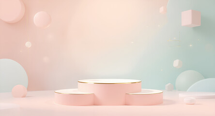 Minimal pastel podium with gold accents in abstract 3D scene, modern product display background