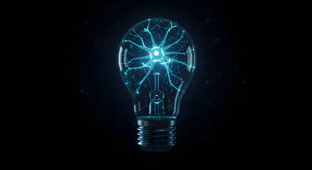 Glowing Lightbulb with Neural Network, Abstract Blue on Black