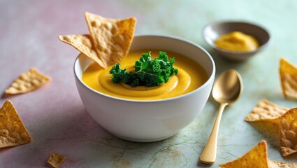 A bowl of creamy yellow soup topped with green kale, garnished with tortilla chips, with additional chips and a bowl of dip in the background.
