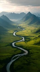 Aerial view of winding river through green valley and mountains landscape scenic nature photography travel