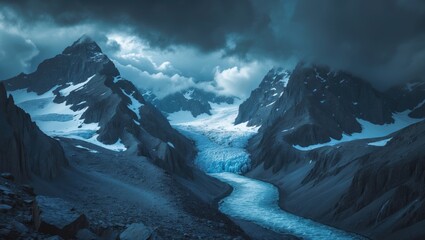 Snow-capped mountains and a glacier valley under dark stormy clouds. Landscape and nature, cold weather. The scene of a mountain range with ice and snow.