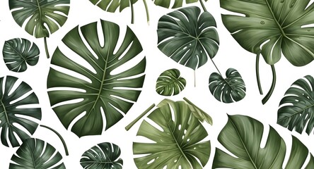 Vibrant tropical monstera leaves on a clean white background, forming a seamless botanical pattern perfect for nature-inspired designs, exotic decor themes, and lush visual accents.