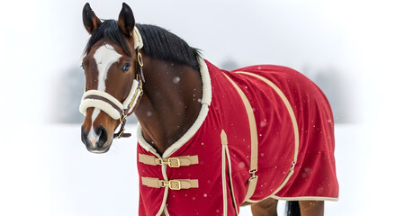 white horse, wrapped in bright red blanket, poses elegantly in winter wonderland, surrounded by falling snowflakes and a charming Christmas tree, radiating warmth and holiday cheer