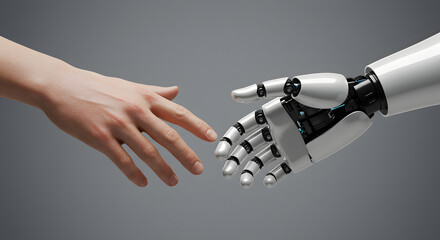 Human and Robot Hand Reaching, White and Gray Technology Concept