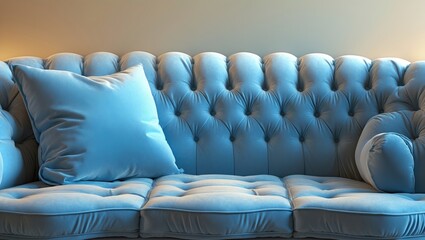 Obraz premium A plush blue sofa with tufted upholstery and matching cushions.