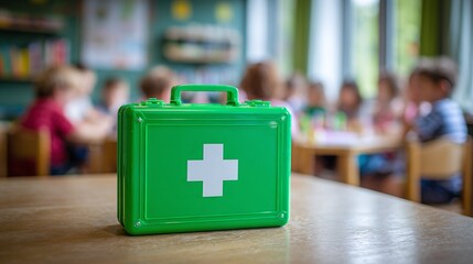 Classroom first aid: A bright green emergency kit sits on a table, ready for any mishaps in a room full of young children.