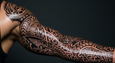 Tattooed Muscular Arm with Black Intricate Tribal Design on Dark Background