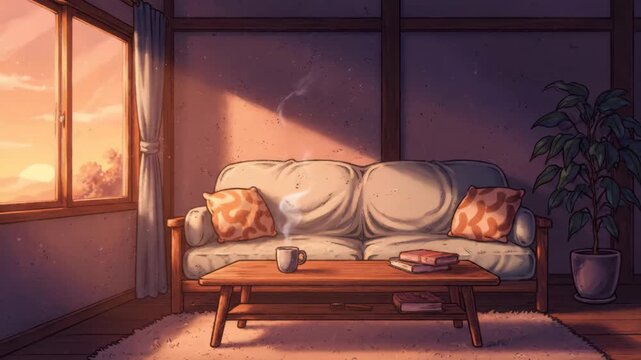 Cozy Sunset Living Room - Animated Background - An animated virtual background depicting a cozy living room scene at sunset.