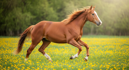 Obraz premium Chestnut horse runs energetically through a field filled with bright yellow flowers, embodying grace and power in motion, surrounded by lush greenery, creating a lively and festive atmosphere 