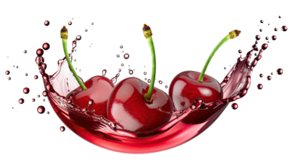 Fresh splash of red cherry juice for beverage, fruit, and drink concept isolated on white background
