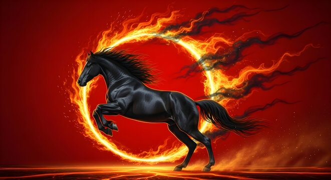 Powerful black horse is rearing up inside a vibrant circle of flames, set against backdrop of dark clouds and glowing embers, representing strength and renewal for the year 2026	