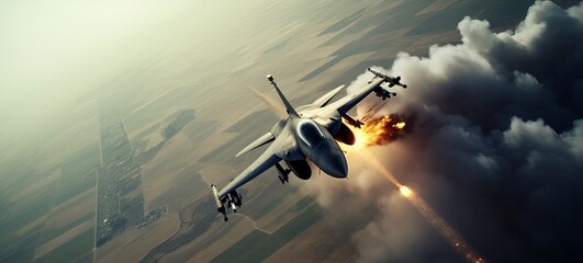aerial high view of a generic military fighter jet crosses over a target bombing location during a special operation,as wide banner with copyspace area for world war conflict concepts, Generative AI