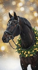 A stunning black horse, decorated wit vibrant green wreath and sparkling lights, poses elegantly in a winter wonderland, with beautiful Christmas tree in background. holiday cheer	