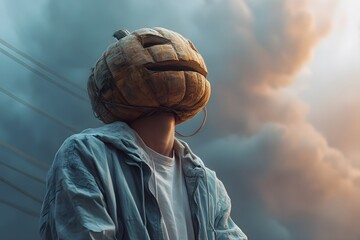 An anonymous figure wearing a carved pumpkin head mask stands outdoors under a dramatic cloudy sky during the Halloween season.