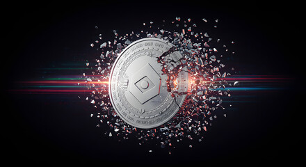 Shattering Silver Coin Exploding on Transparent Background with Light Streaks